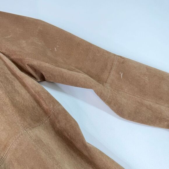 Chicos Leather Trench Coat Womens Medium Tan Open Front Long Lightweight Suede - Picture 3 of 8